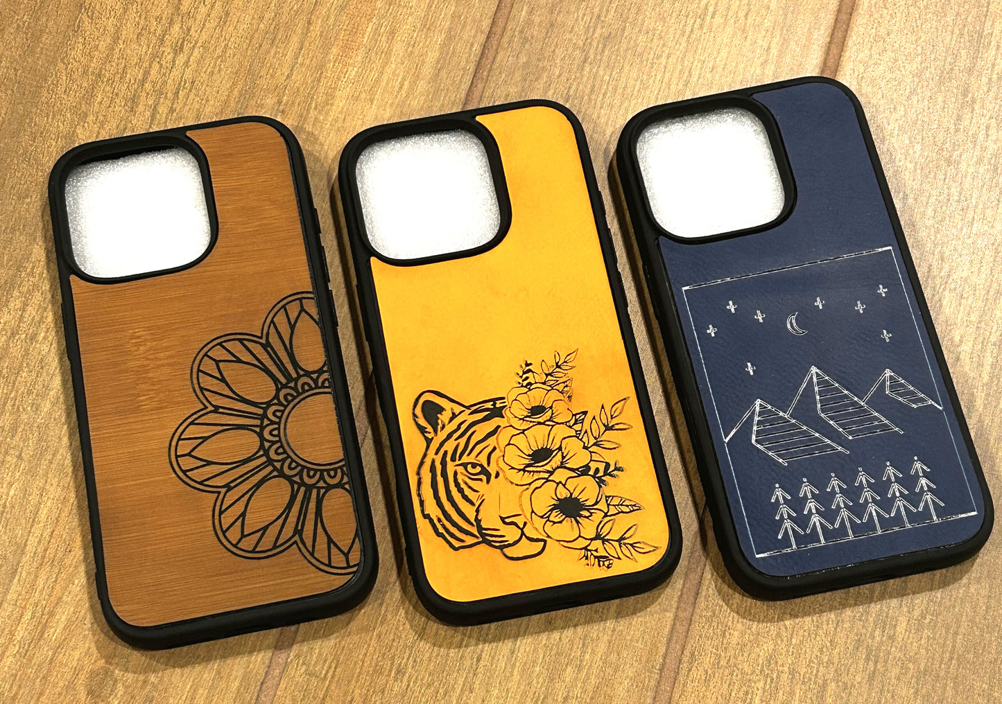 Cell phone cases in wood & leather