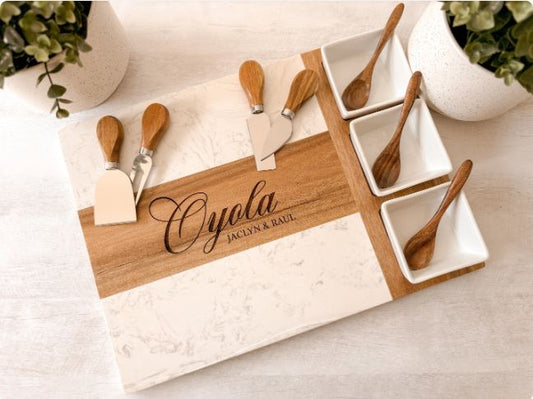 Custom engraved marble and wood charcuterie board