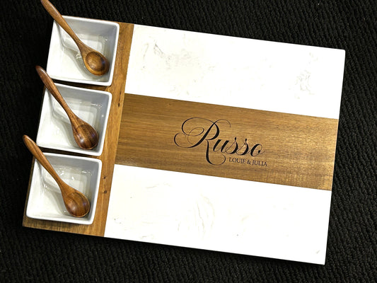 Custom engraved marble and wood charcuterie board